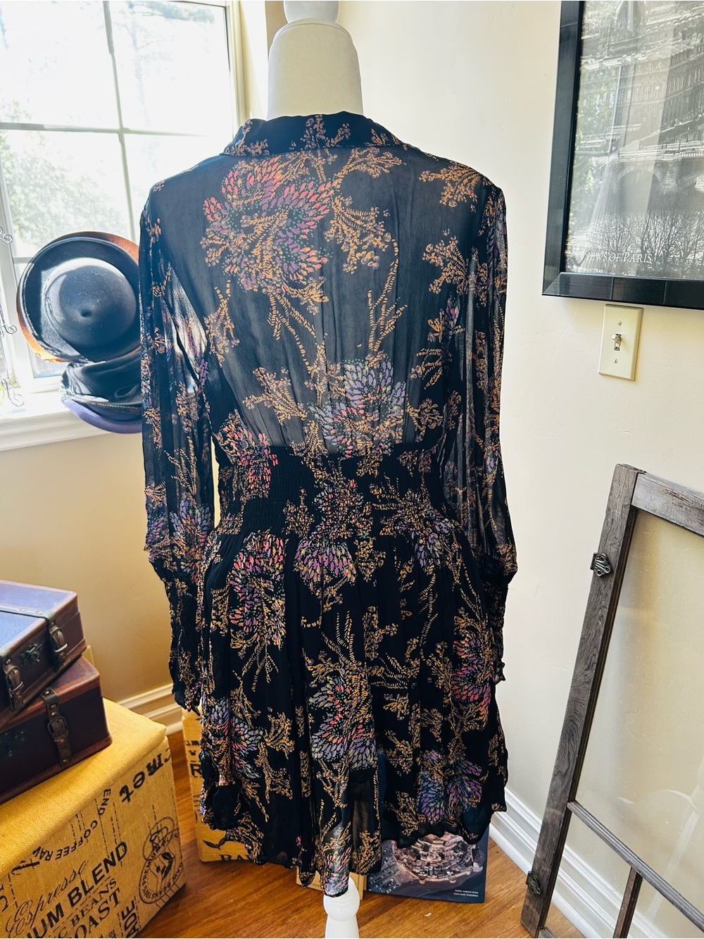 Free People Black Sheer Floral Long-Sleeve Dress